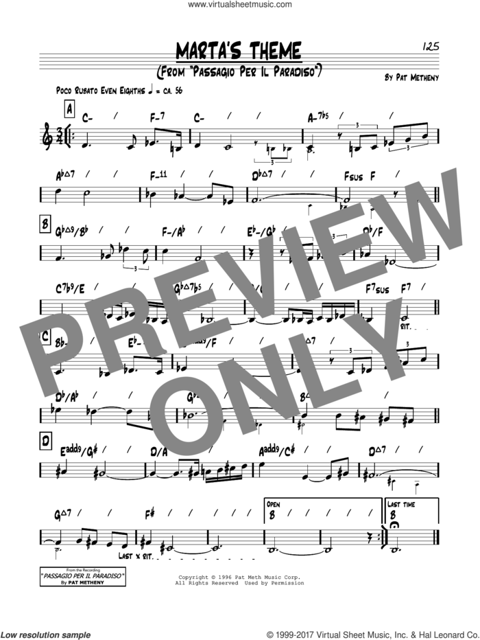 Marta's Theme sheet music for voice and other instruments (real book) by Pat Metheny, intermediate skill level