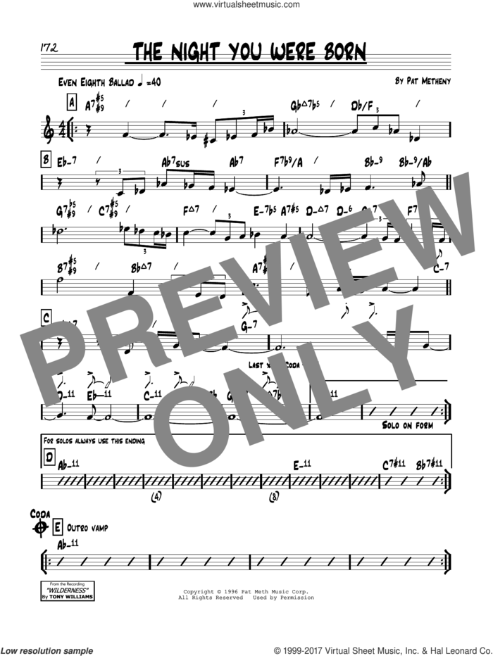 The Night You Were Born sheet music for voice and other instruments (real book) by Pat Metheny, intermediate skill level