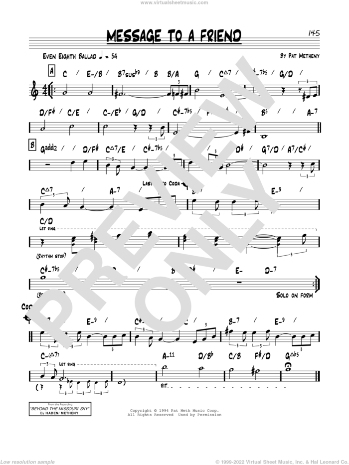 Message To A Friend sheet music for voice and other instruments (real book) by Pat Metheny, intermediate skill level