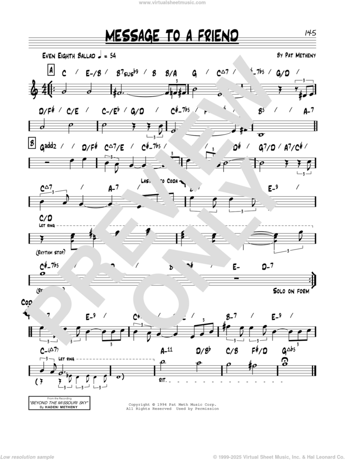 Message To A Friend sheet music for voice and other instruments (real book) by Pat Metheny, intermediate skill level