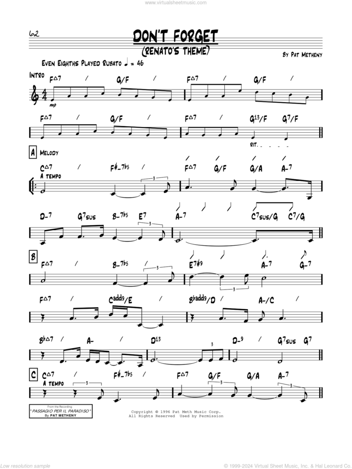 Don't Forget (Renato's Theme) sheet music for voice and other instruments (real book) by Pat Metheny, intermediate skill level