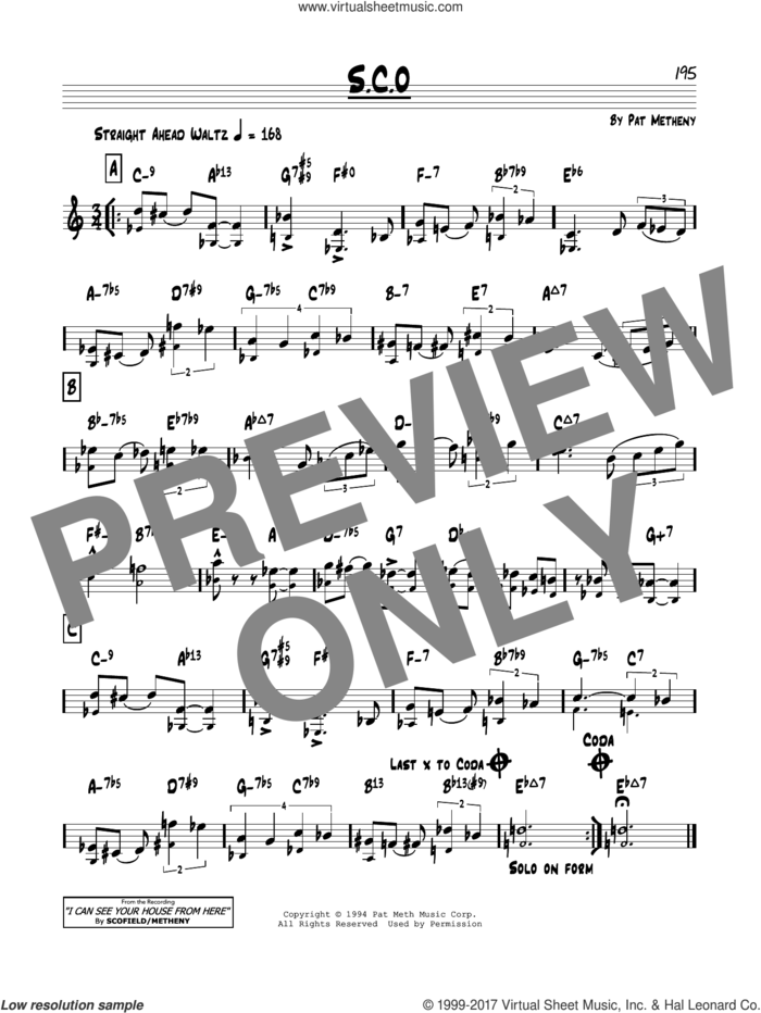 S.C.O. sheet music for voice and other instruments (real book) by Pat Metheny, intermediate skill level