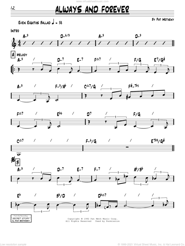 Always And Forever sheet music for voice and other instruments (real book) by Pat Metheny, intermediate skill level