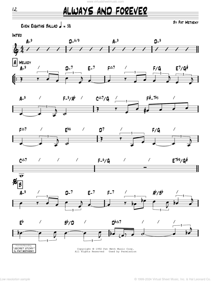 Always And Forever sheet music for voice and other instruments (real book) by Pat Metheny, intermediate skill level