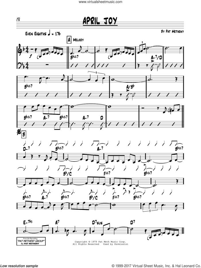 April Joy sheet music for voice and other instruments (real book) by Pat Metheny, intermediate skill level