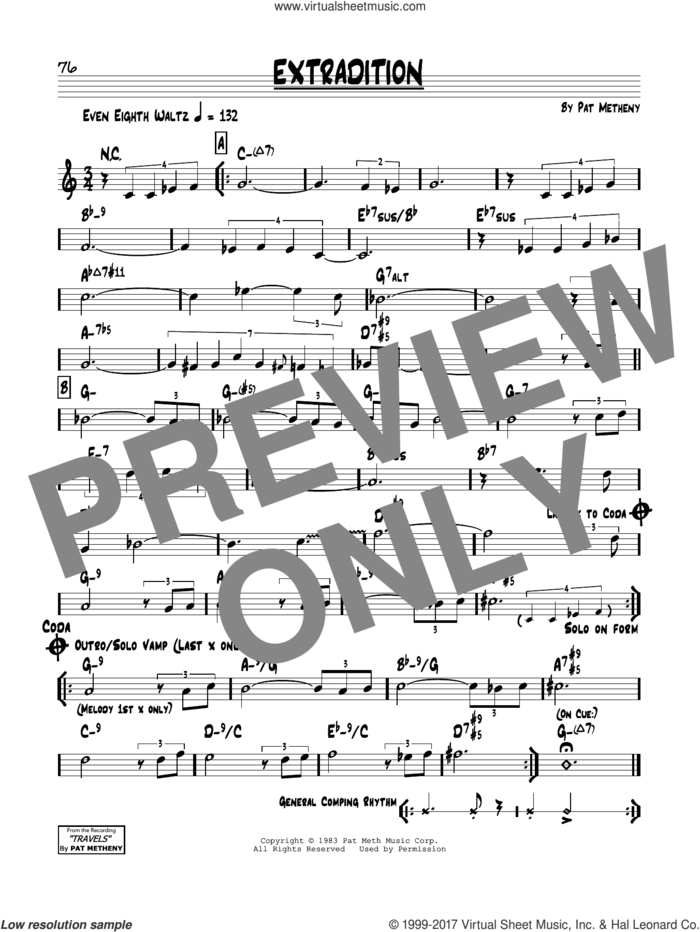 Extradition sheet music for voice and other instruments (real book) by Pat Metheny, intermediate skill level