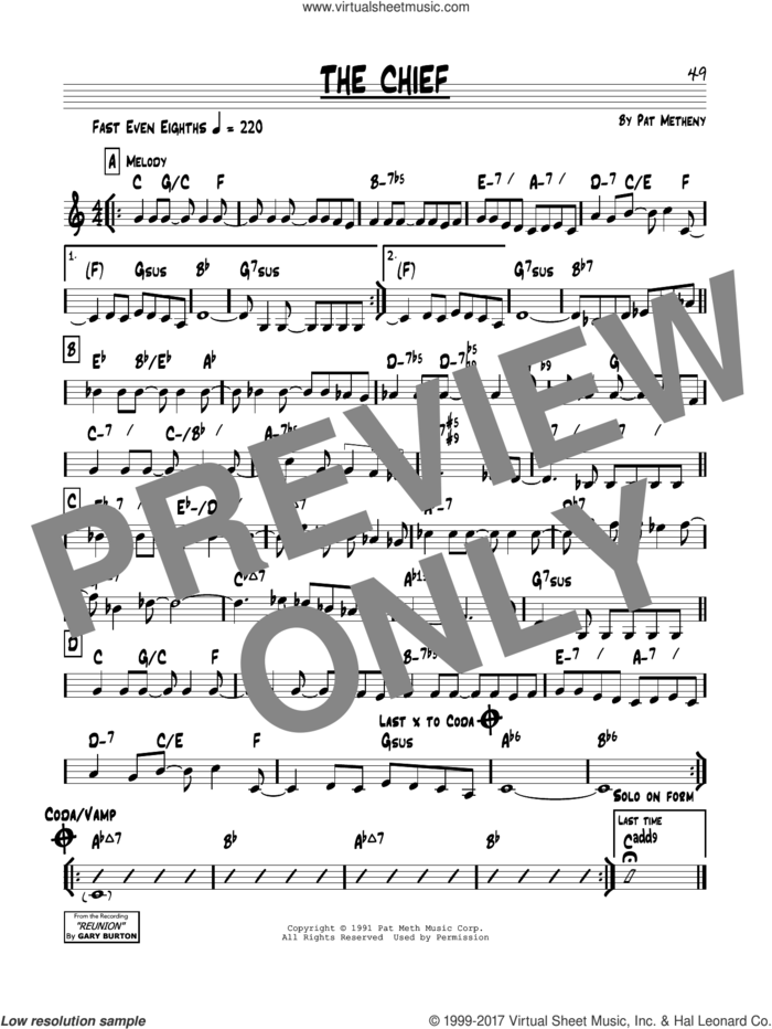 The Chief sheet music for voice and other instruments (real book) by Pat Metheny, intermediate skill level