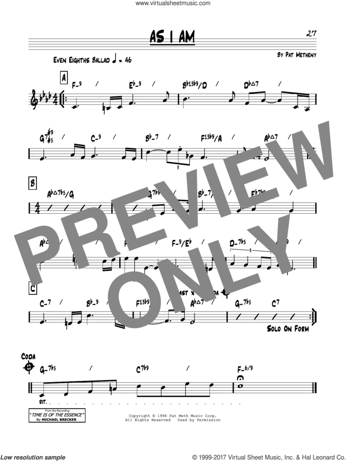 As I Am sheet music for voice and other instruments (real book) by Pat Metheny, intermediate skill level
