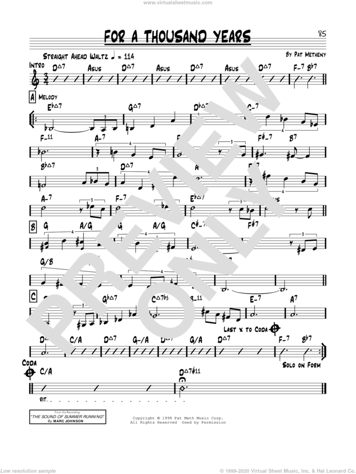 For A Thousand Years sheet music for voice and other instruments (real book) by Pat Metheny, intermediate skill level