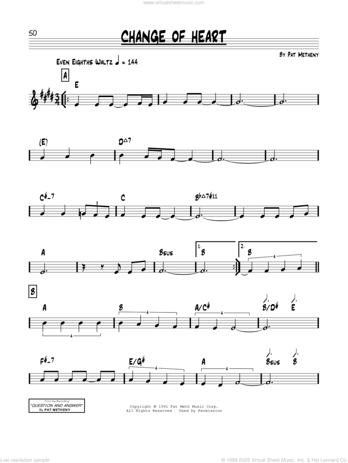 Change Of Heart sheet music for voice and other instruments (real book) by Pat Metheny, intermediate skill level