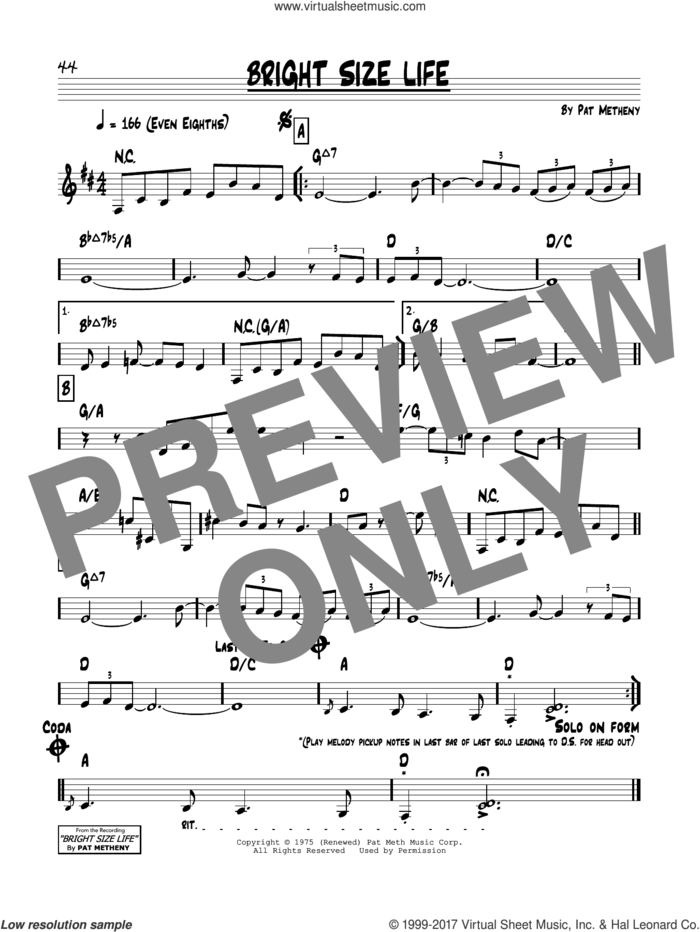 Bright Size Life sheet music for voice and other instruments (real book) by Pat Metheny, intermediate skill level