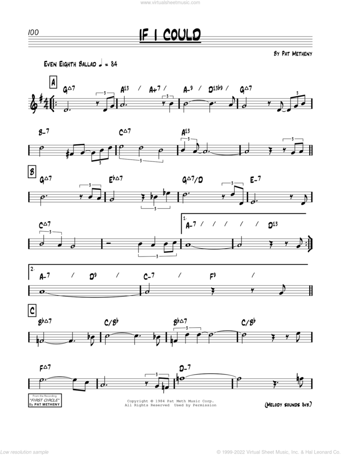 If I Could sheet music for voice and other instruments (real book) by Pat Metheny, intermediate skill level