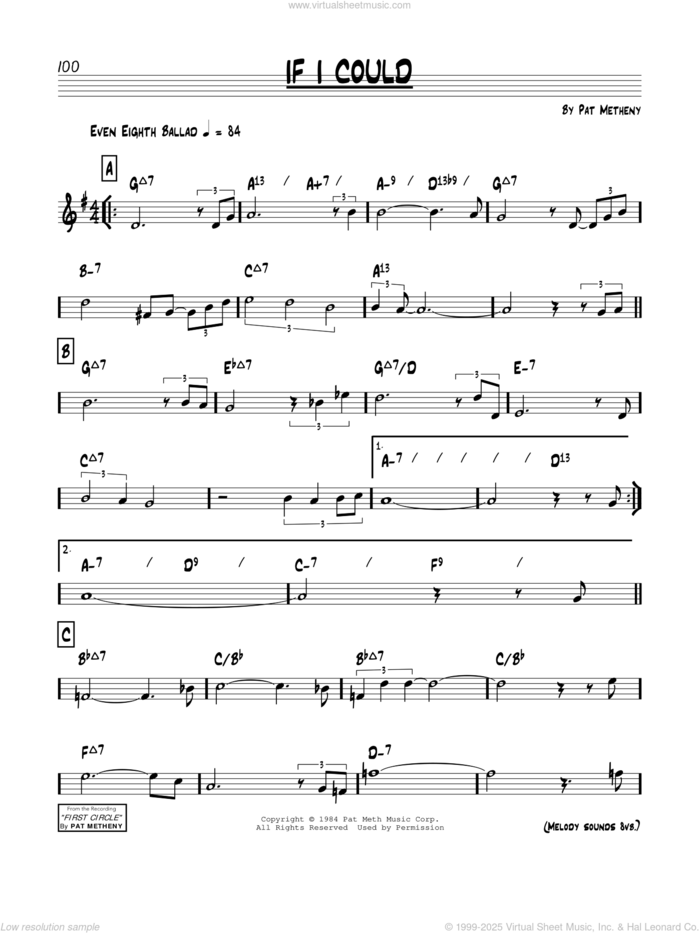 If I Could sheet music for voice and other instruments (real book) by Pat Metheny, intermediate skill level