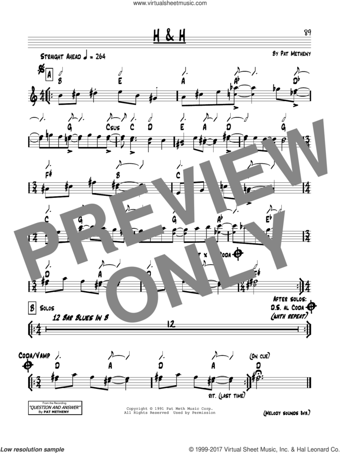 H and H sheet music for voice and other instruments (real book) by Pat Metheny, intermediate skill level
