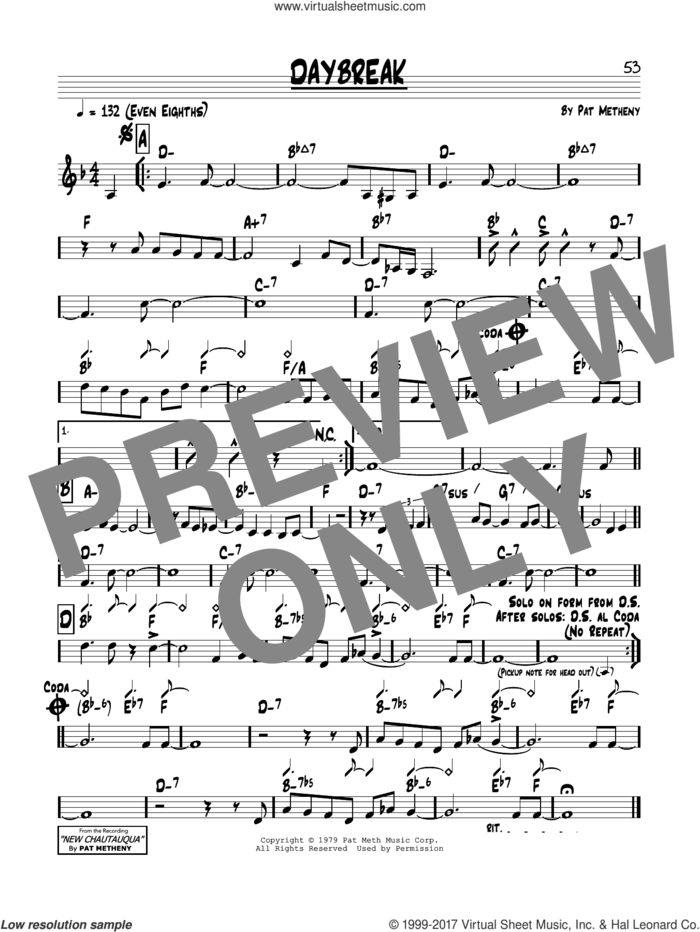Daybreak sheet music for voice and other instruments (real book) by Pat Metheny, intermediate skill level