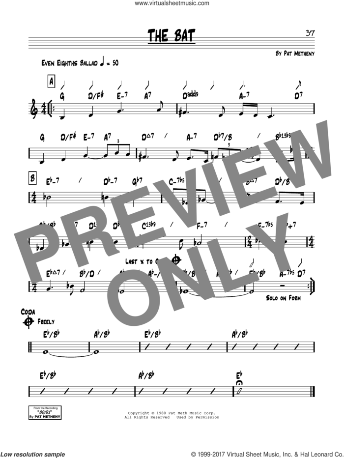The Bat sheet music for voice and other instruments (real book) by Pat Metheny, intermediate skill level