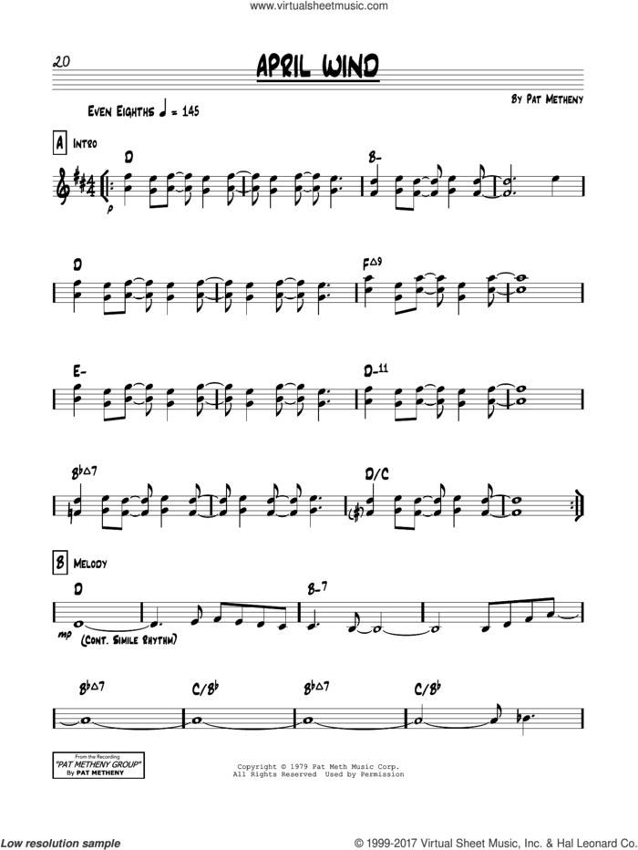 April Wind sheet music for voice and other instruments (real book) by Pat Metheny, intermediate skill level