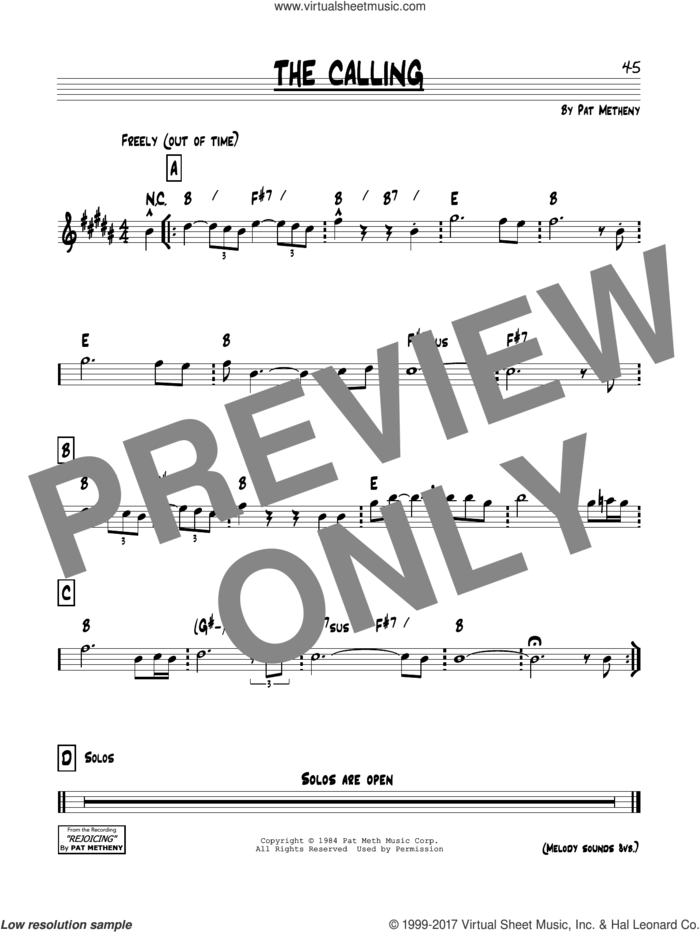 The Calling sheet music for voice and other instruments (real book) by Pat Metheny, intermediate skill level