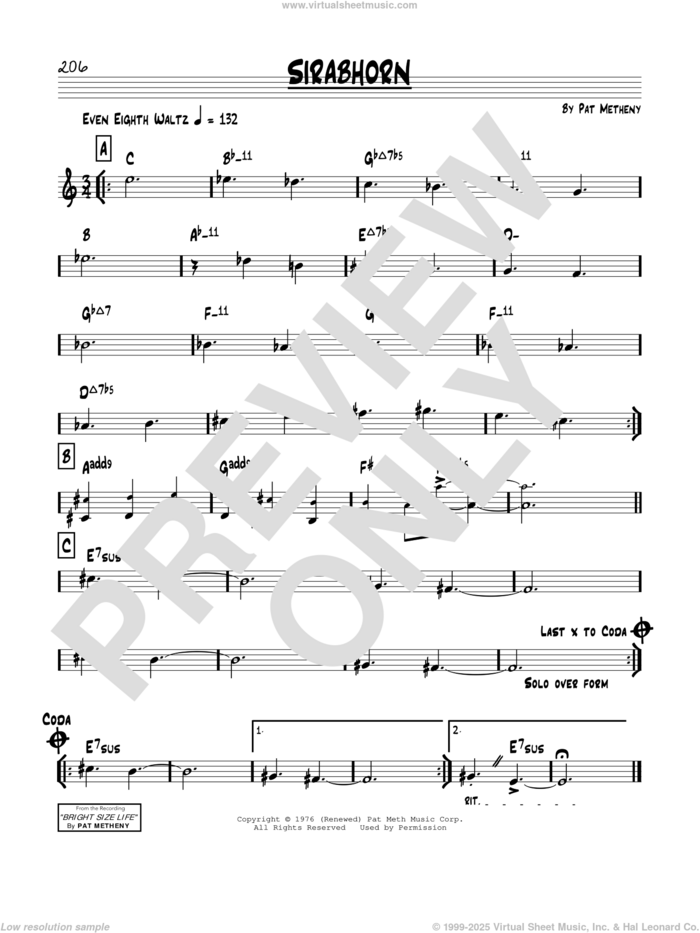 Sirabhorn sheet music for voice and other instruments (real book) by Pat Metheny, intermediate skill level