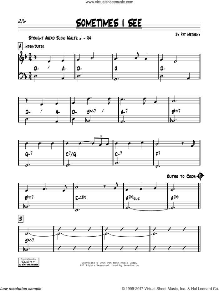 Sometimes I See sheet music for voice and other instruments (real book) by Pat Metheny, intermediate skill level