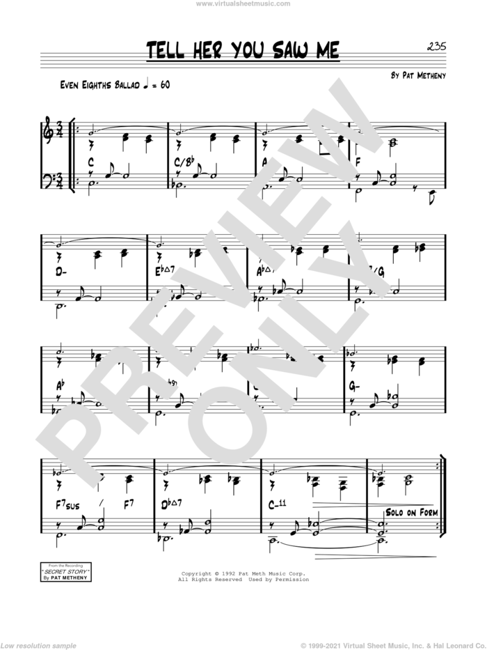 Tell Her You Saw Me sheet music for voice and other instruments (real book) by Pat Metheny, intermediate skill level