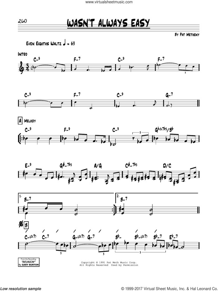 Wasn't Always Easy sheet music for voice and other instruments (real book) by Pat Metheny, intermediate skill level