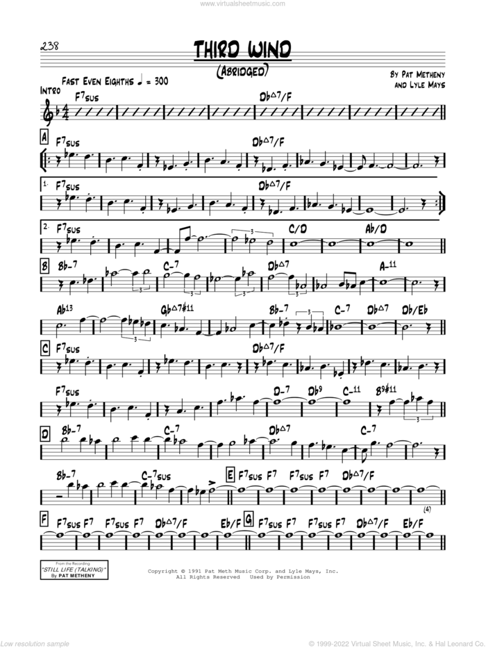 Third Wind sheet music for voice and other instruments (real book) by Pat Metheny and Lyle Mays, intermediate skill level