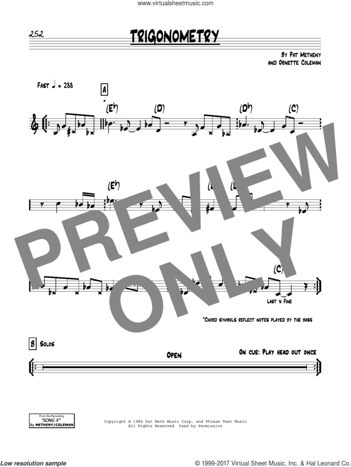 Trigonometry sheet music for voice and other instruments (real book) by Pat Metheny and Ornette Coleman, intermediate skill level