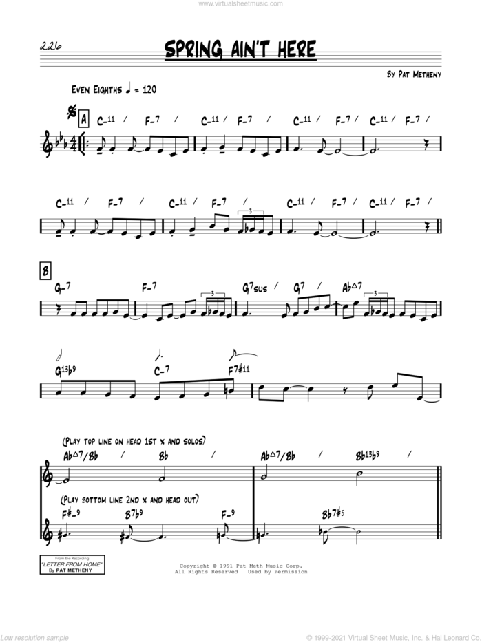 Spring Ain't Here sheet music for voice and other instruments (real book) by Pat Metheny, intermediate skill level