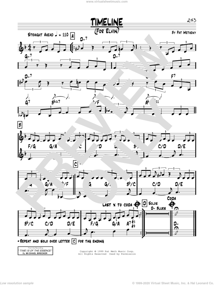 Timeline sheet music for voice and other instruments (real book) by Pat Metheny, intermediate skill level