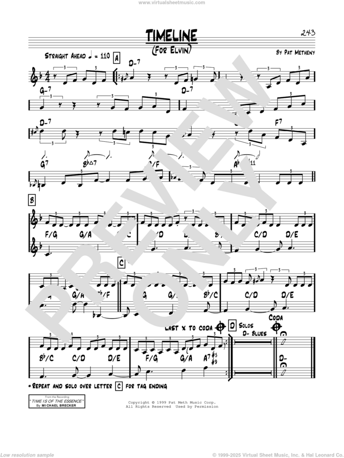 Timeline sheet music for voice and other instruments (real book) by Pat Metheny, intermediate skill level