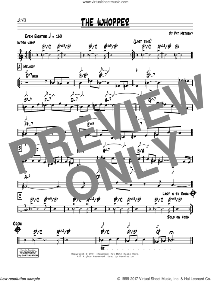 The Whopper sheet music for voice and other instruments (real book) by Pat Metheny, intermediate skill level