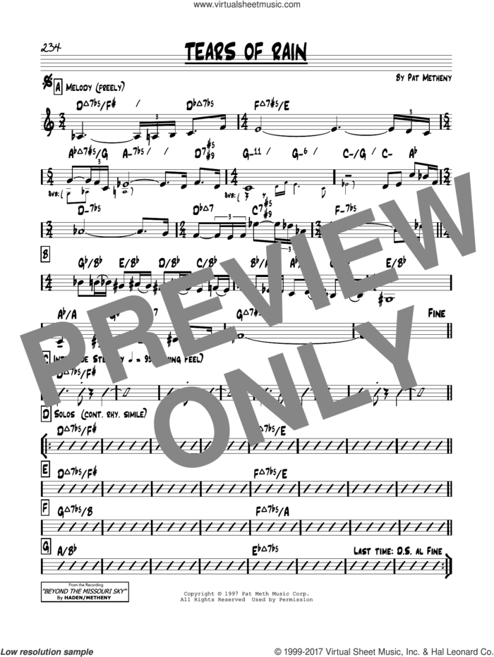 Tears Of Rain sheet music for voice and other instruments (real book) by Pat Metheny, intermediate skill level