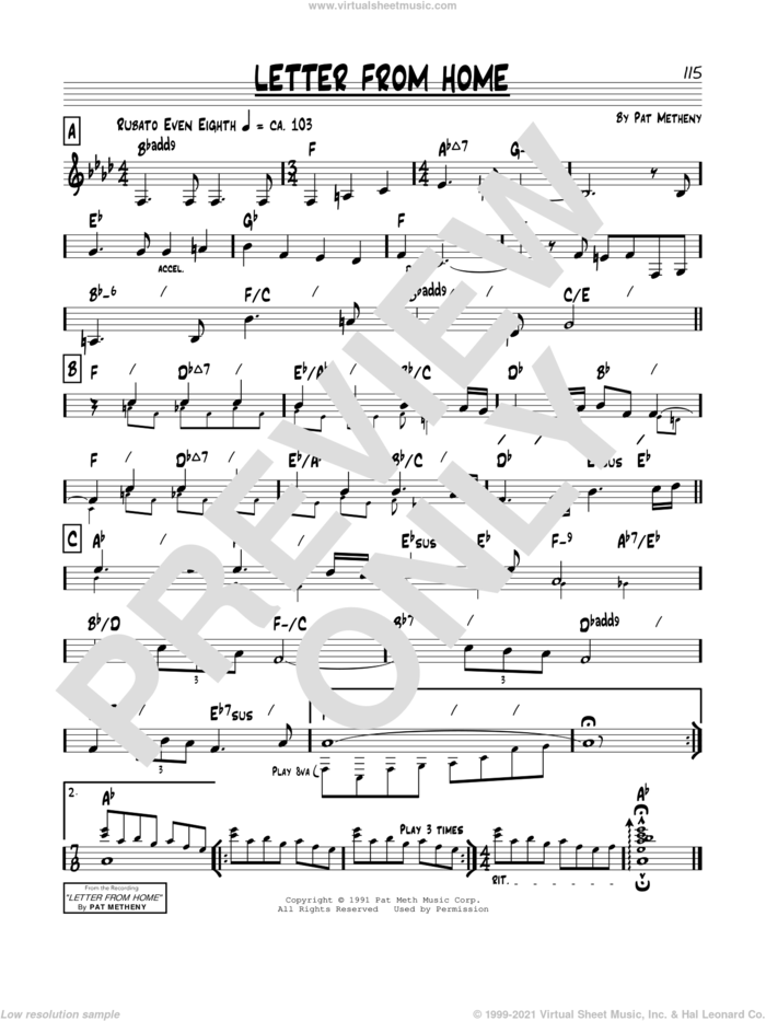Letter From Home sheet music for voice and other instruments (real book) by Pat Metheny, intermediate skill level