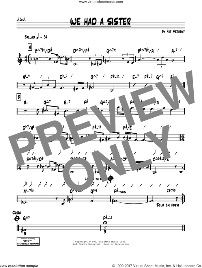 We Had A Sister sheet music for voice and other instruments (real book) by Pat Metheny, intermediate skill level