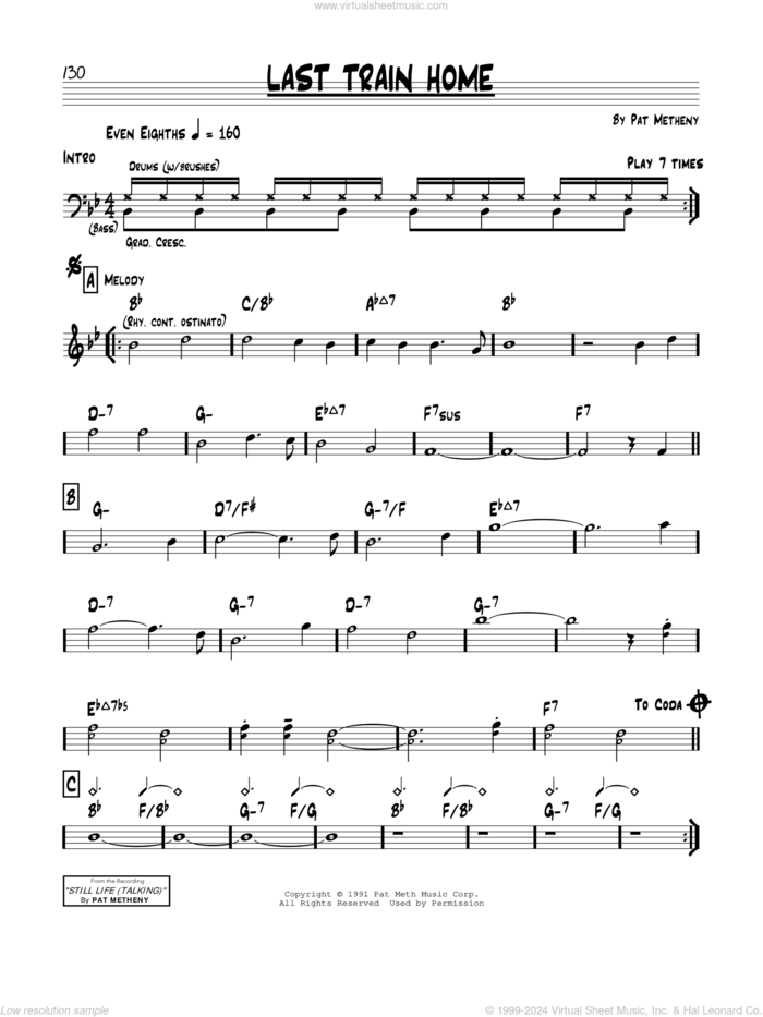 Last Train Home sheet music for voice and other instruments (real book) by Pat Metheny, intermediate skill level