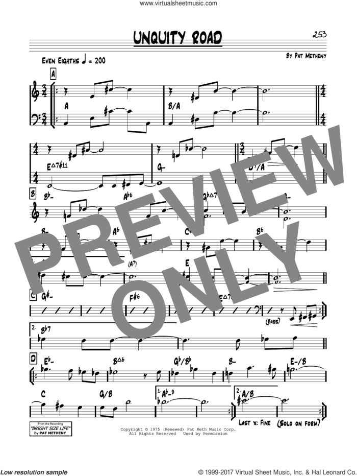 Unquity Road sheet music for voice and other instruments (real book) by Pat Metheny, intermediate skill level