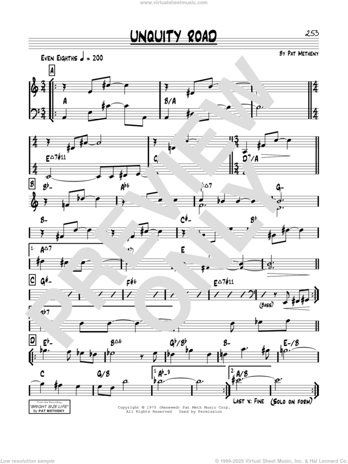 Unquity Road sheet music for voice and other instruments (real book) by Pat Metheny, intermediate skill level