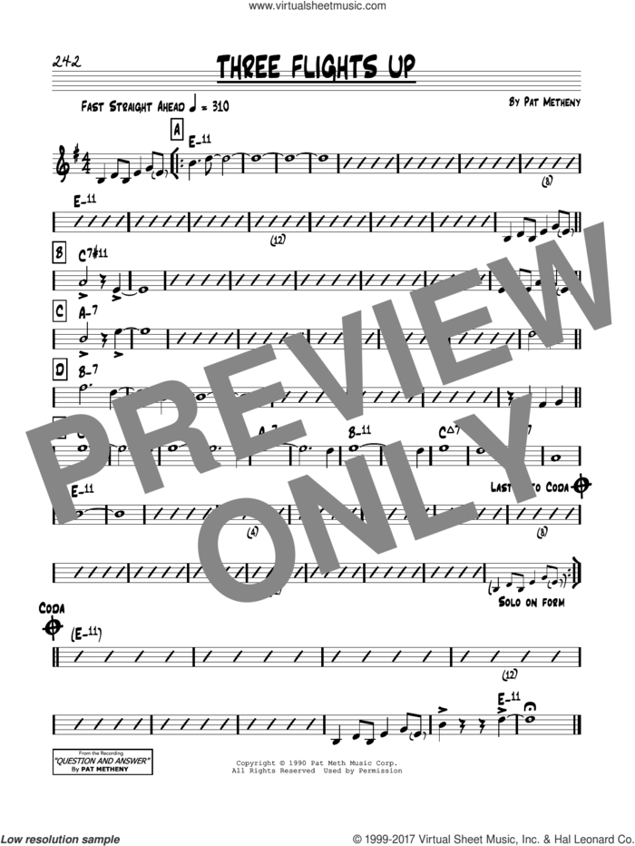 Three Flights Up sheet music for voice and other instruments (real book) by Pat Metheny, intermediate skill level