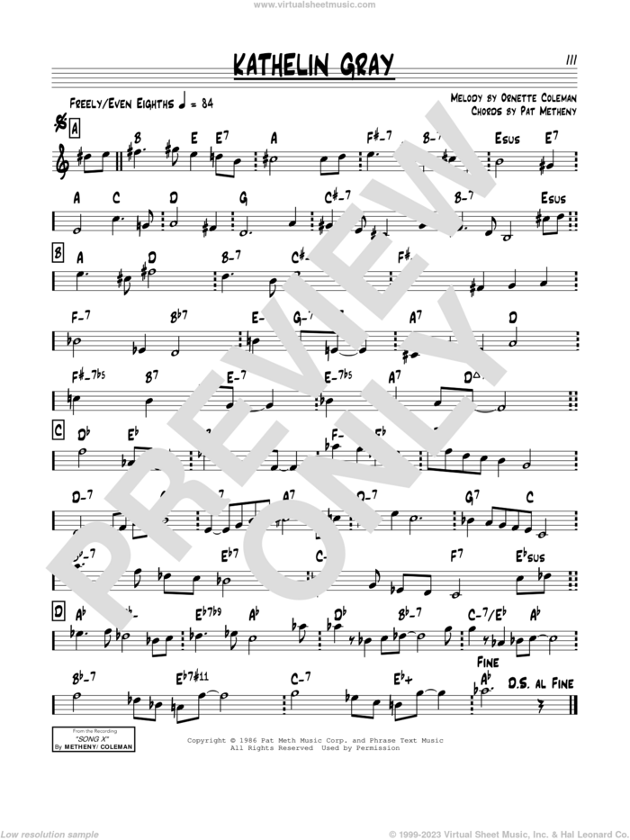 Kathelin Gray sheet music for voice and other instruments (real book) by Pat Metheny and Ornette Coleman, intermediate skill level