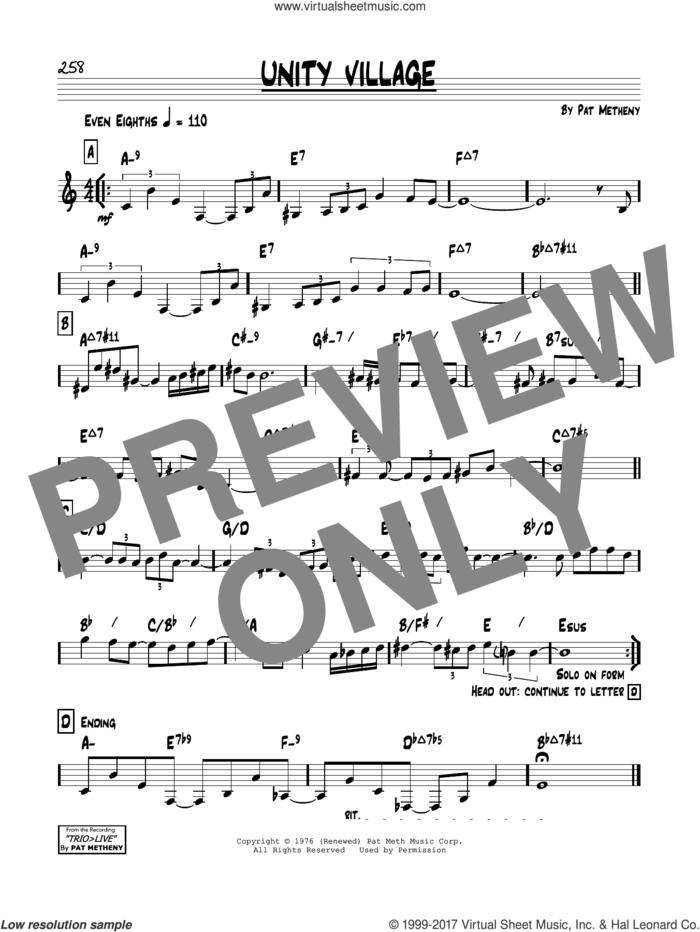 Unity Village sheet music for voice and other instruments (real book) by Pat Metheny, intermediate skill level