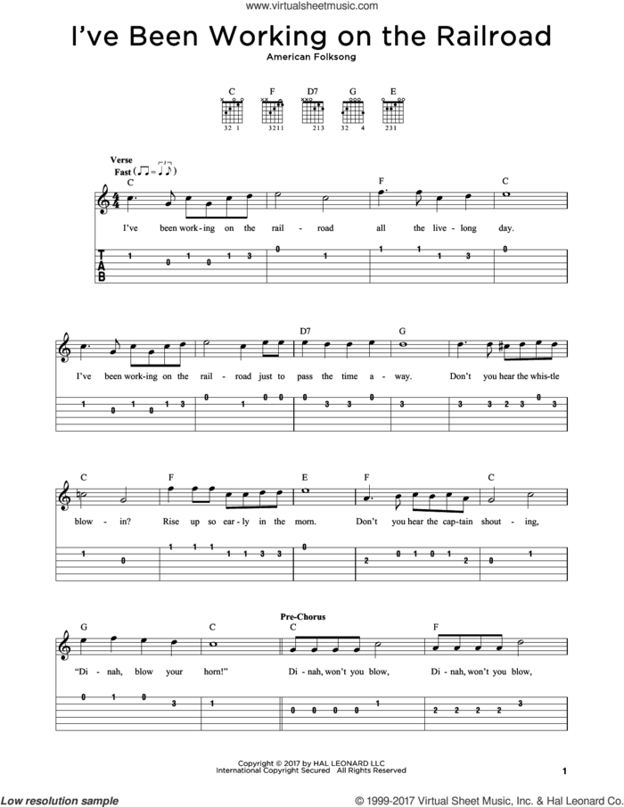I've Been Working On The Railroad sheet music for guitar solo by American Folksong, intermediate skill level