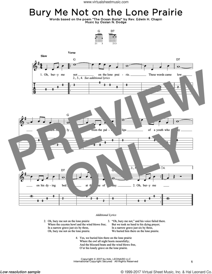 Bury Me Not On The Lone Prairie sheet music for guitar solo by E.H. Chapin and Ossian N. Dodge, intermediate skill level