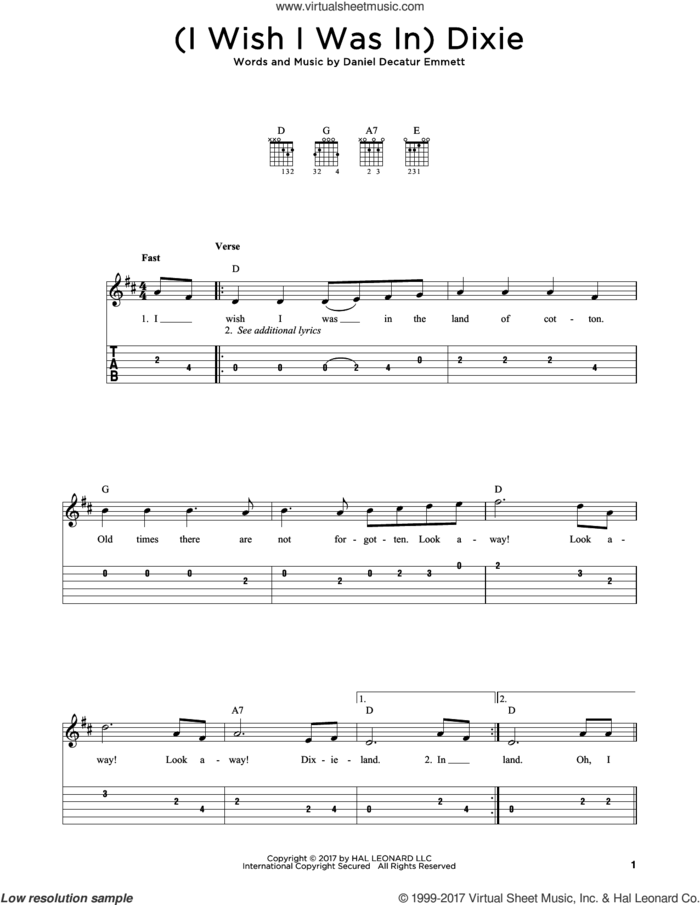 (I Wish I Was In) Dixie sheet music for guitar solo by Daniel Decatur Emmett, intermediate skill level