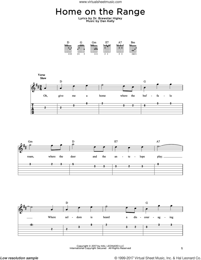 Home On The Range sheet music for guitar solo by Dan Kelly and Dr. Brewster Higley, intermediate skill level