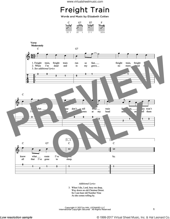 Freight Train sheet music for guitar solo (easy tablature) by Elizabeth Cotten, easy guitar (easy tablature)