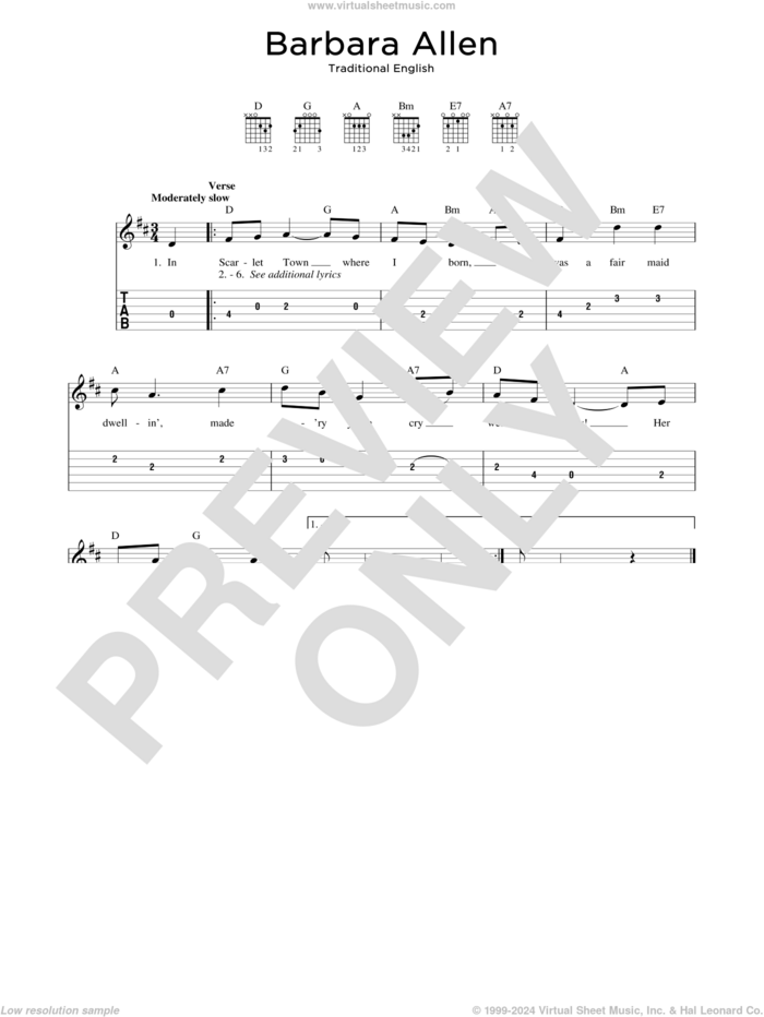 Barbara Allen sheet music for guitar solo, intermediate skill level