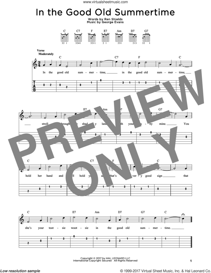 In The Good Old Summertime sheet music for guitar solo by Ren Shields, Ren Shields and George Evans and George Evans, intermediate skill level