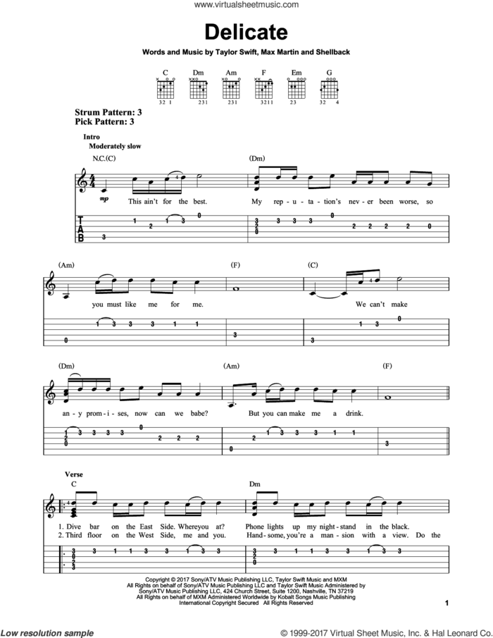 Delicate sheet music for guitar solo (easy tablature) by Taylor Swift, Max Martin and Shellback, easy guitar (easy tablature)