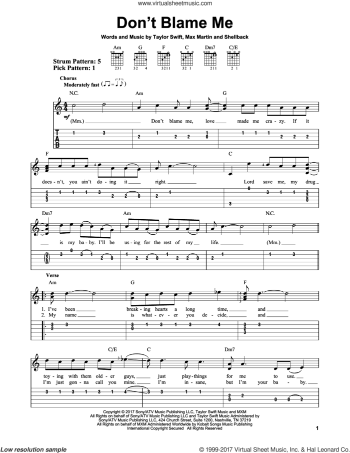 Don't Blame Me sheet music for guitar solo (easy tablature) by Taylor Swift, Max Martin and Shellback, easy guitar (easy tablature)